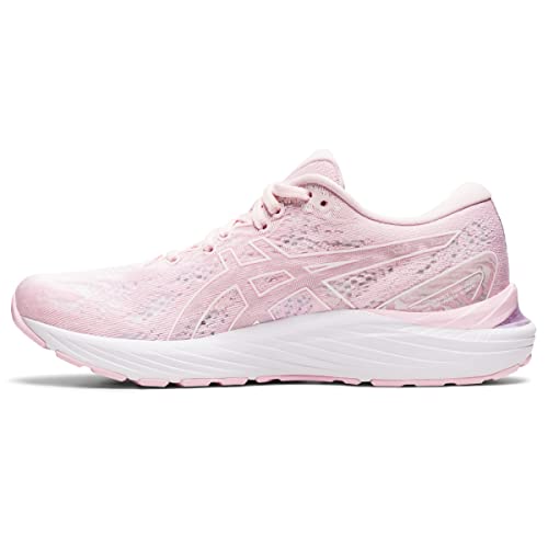 A light pink ASICS Cumulus 23 Womens running shoe with a white sole, textured mesh upper, ASICS logo on the side, and lightweight cushioning for comfort.