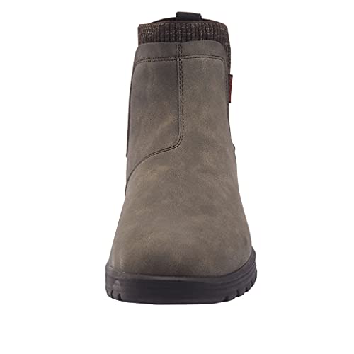 Front view of the Hey Dude Scott Grip Boots for men, shown in gray water-resistant leather with a smooth finish, black ultra grip outsole, and a brown ribbed collar—perfect for all-weather style.