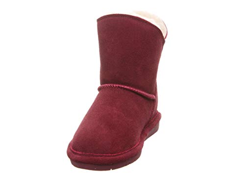 A single Rosie Youth Boot by BEARPAW, in maroon suede with mid-calf height, soft light inner lining, and sheepskin foot bed, shown on a plain white background.