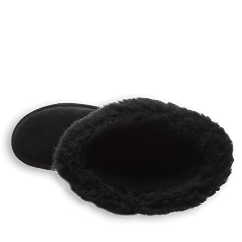 Top view of a single black BEARPAW Kendall Boot for women, featuring a plush, furry interior and cozy opening—ideal comfort after a relaxing day by Lake Tahoe.