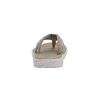 A mens Hey Dude Flinn Sandal in beige, featuring a white textured sole, is displayed from the back to highlight the heel and straps—ideal for comfort—against a plain white background.