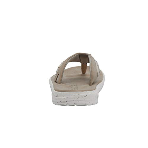 A mens Hey Dude Flinn Sandal in beige, featuring a white textured sole, is displayed from the back to highlight the heel and straps—ideal for comfort—against a plain white background.