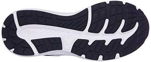 The image displays the sole of the ASICS GEL-Contend 7 - Womens, highlighting black rubber tread with curved grooves and white accents for improved traction, flexibility, and cushioning.