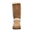 A single tan suede BEARPAW Kendall Boot for women, mid-calf height with a rounded toe and white shearling trim and lining, is shown from the front on a plain white background—ideal for cozy Lake Tahoe walks.