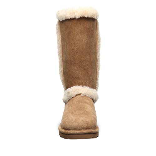 A single tan suede BEARPAW Kendall Boot for women, mid-calf height with a rounded toe and white shearling trim and lining, is shown from the front on a plain white background—ideal for cozy Lake Tahoe walks.