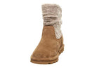 The BEARPAW Virginia Boots for women feature a brown suede sheepskin body, tan rubber sole, and light gray wool knit shaft, displayed facing forward on a white background.