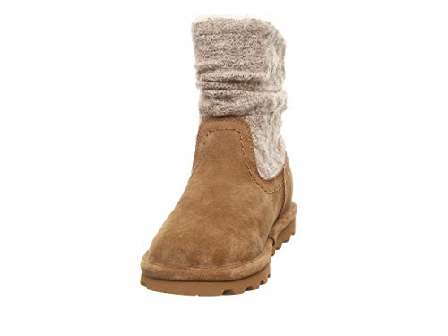 The BEARPAW Virginia Boots for women feature a brown suede sheepskin body, tan rubber sole, and light gray wool knit shaft, displayed facing forward on a white background.