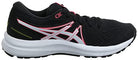 The ASICS GEL-Contend 7 - Womens is shown in black with white and pink accents, a mesh upper, plush white sole, and side logo. Displayed in a right-facing side profile.