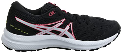 The ASICS GEL-Contend 7 - Womens is shown in black with white and pink accents, a mesh upper, plush white sole, and side logo. Displayed in a right-facing side profile.