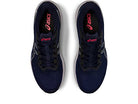 Top view of a pair of mens ASICS GT-1000 11 running shoes in navy blue with black laces, white midsoles, pink ASICS logo on the insoles, and FLYTEFOAM cushioning for enhanced comfort.