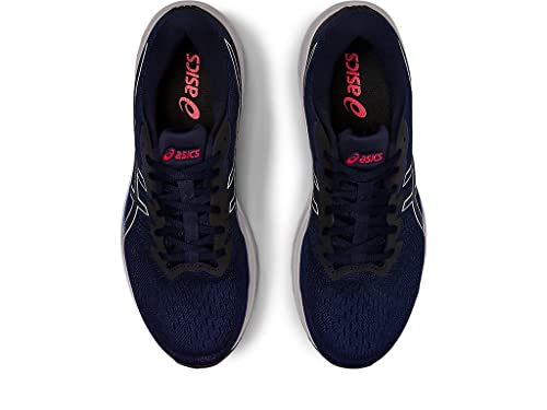 Top view of a pair of mens ASICS GT-1000 11 running shoes in navy blue with black laces, white midsoles, pink ASICS logo on the insoles, and FLYTEFOAM cushioning for enhanced comfort.