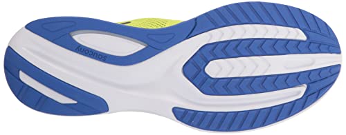 The image displays the sole of the Saucony Omni 20 Running Shoe - Mens, featuring blue and white rubber sections with textured tread for traction. The Saucony logo is visible, emphasizing its dependable PWRRUN cushioning.