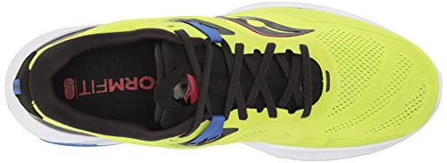 Top view of the Saucony Omni 20 Running Shoe - Mens in bright yellow with black laces, blue details, a white sole, and “FORMFIT” in red on the insole, featuring PWRRUN cushioning for comfort and support.