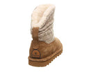 A single BEARPAW Virginia Boot for women in tan is shown from the back, featuring a wool knit shaft, plush white lining, thick rubber sole, and a branded paw print logo tag on the heel.