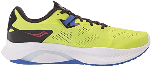 The Saucony Omni 20 Running Shoe - Mens features a bright yellow mesh upper with black and blue accents, a white PWRRUN-cushioned midsole, blue outsole, red logo, and offers a lightweight, breathable design for stability.