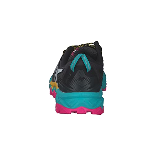 The ASICS GEL-FujiTrabuco 8 - Womens trail running shoe in black is shown from the back, highlighting its turquoise heel loop, bright turquoise midsole, and pink rugged-tread outsole.