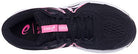 Top view of the ASICS GEL-Contend 7 - Womens, a black running shoe with pink accents and a white sole, featuring mesh fabric, the ASICS logo on the tongue, and reliable cushioning for comfort.