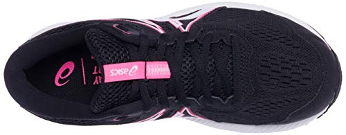 Top view of the ASICS GEL-Contend 7 - Womens, a black running shoe with pink accents and a white sole, featuring mesh fabric, the ASICS logo on the tongue, and reliable cushioning for comfort.
