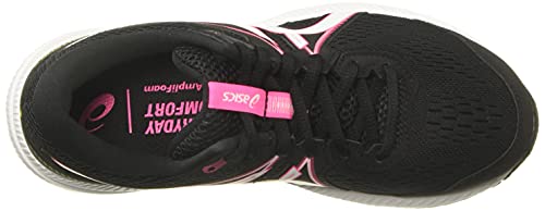 Top view of the ASICS GEL-Contend 7 - Womens running shoe in black with pink accents and white details, showing ASICS branding, AMPLIFOAM text on the insole, and enhanced cushioning for comfort.