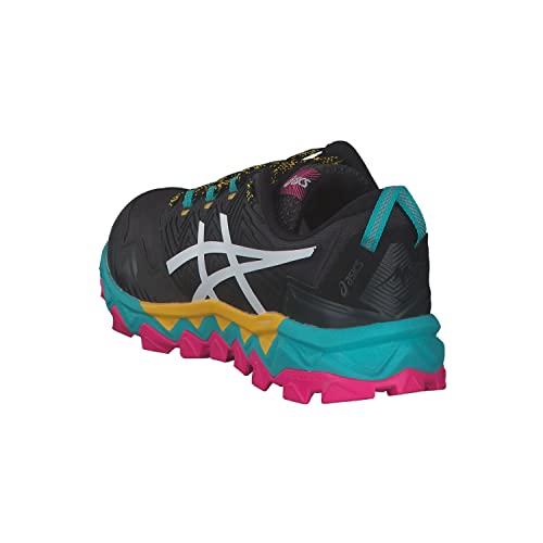 The ASICS GEL-FujiTrabuco 8 - Women’s trail running shoe features a black upper, white ASICS logo, teal and pink rugged sole, yellow accents, and teal heel detail, displayed from a rear-side angle on a white background.