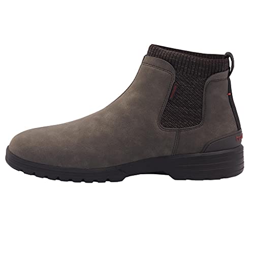 A side view of the Hey Dude Scott Grip Boots for men shows a gray, water-resistant leather Chelsea boot with minimal stitching, black ultra grip outsole, elastic side panels, and a back pull tab for casual style.