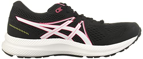 The ASICS GEL-Contend 7 - Womens is a black running shoe with white and pink accents, featuring a cushioned white sole, stylized side stripes, a breathable mesh upper, and visible stitching for added structure.