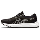 The ASICS GEL-PULSE 12 - Womens in black features white accents, a bold white ASICS logo, an AmpliFoam cushioned midsole, and an engineered mesh upper for enhanced breathability.