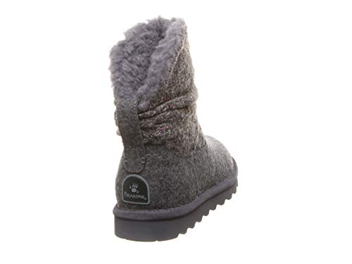 A single BEARPAW Virginia Boot for women in gray, shown from the back at an angle, features a soft fuzzy lining, textured sole, heel fabric loop, logo patch near the sole, and enhanced water resistance with NeverWet technology.