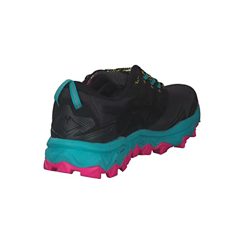 The ASICS GEL-FujiTrabuco 8 - Womens trail running shoe comes in black with teal and pink accents, a rugged sole, and a teal heel pull tab, displayed from a rear diagonal angle on a white background.