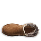 A top view of BEARPAW Konnie Boots - Womens, featuring brown suede, plush furry lining at the opening, and visible side stitching—ideal for women seeking warmth and style.