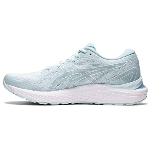 Light blue ASICS Cumulus 23 - Womens running shoe with lightweight cushioning, white sole, side ASICS logo, and breathable mesh-like upper. Shoe is shown in side profile on a white background.