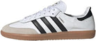 The adidas Samba Decon Shoes - Men feature a Cloud White leather upper with Core Black stripes, Grey One suede toe, white laces, and a gum rubber sole.