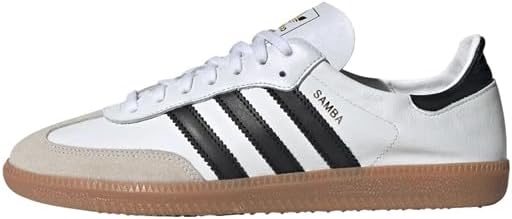 The adidas Samba Decon Shoes - Men feature a Cloud White leather upper with Core Black stripes, Grey One suede toe, white laces, and a gum rubber sole.
