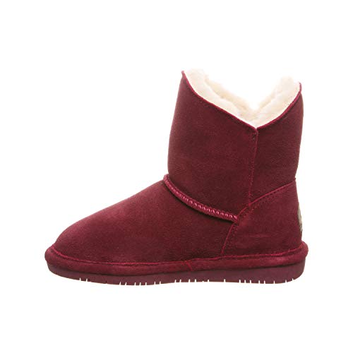 The Rosie Youth Boots - Youth by BEARPAW is a maroon suede winter boot with a flat rubber sole, cream fleece lining, and cozy sheepskin footbed, shown in side profile on a white background.