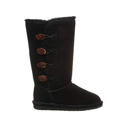 The BEARPAW Lori Boots for women are black, mid-calf suede boots with four brown toggle buttons on the outer side and a cozy sheepskin wool lining for added warmth.