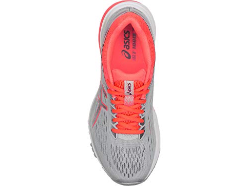Top view of the ASICS GT-1000 7 - Womenss running shoe in grey with bright coral laces, tongue, and lining. The ASICS logo is visible, and the breathable mesh upper ensures comfort for road stability runs.