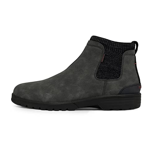 Side view of the Hey Dude Scott Grip Boots - Mens in dark gray, featuring a black elastic side panel, black sole, heel pull tab, textured finish, slip-on style, and ultra grip outsole for reliable traction.
