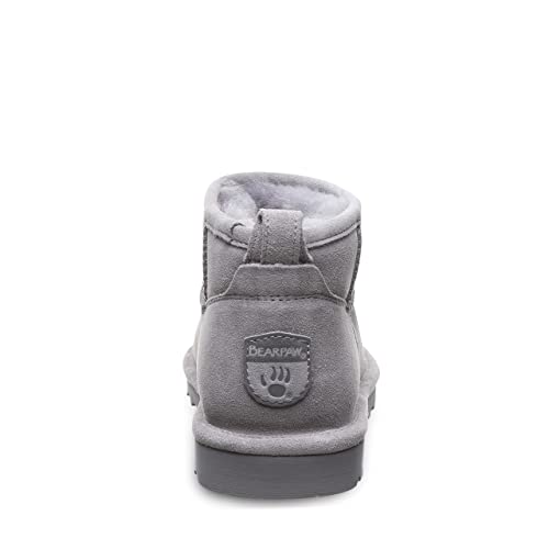 A back view of the BEARPAW Shorty Boots for women in gray suede, showing a logo patch with paw print on the heel and a pull tab at the collar.