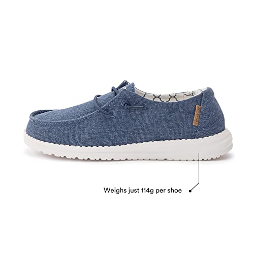 A lightweight blue casual shoe with a white sole, lace-up design, and patterned inner lining—Hey Dude Wendy Youth - Girls weighs just 114g per shoe.