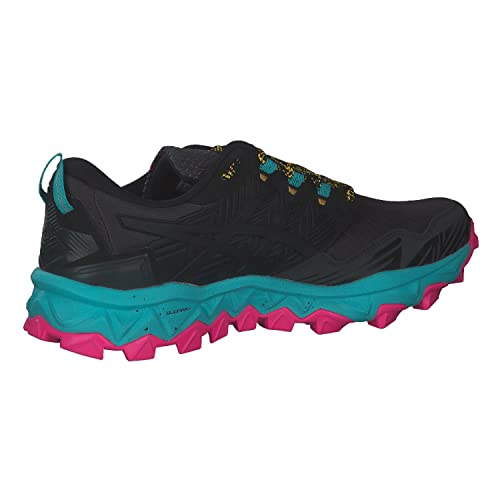The ASICS GEL-FujiTrabuco 8 - Womens features a black upper, yellow laces, teal midsole, and rugged pink outsole—ideal for trail running and outdoor adventures.