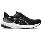 The ASICS GT-1000 12 - Mens is a black running shoe with white details and sole, ideal for overpronators. It features the ASICS logo, a breathable mesh upper, and a low-top design for athletic performance.