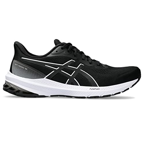 The ASICS GT-1000 12 - Mens is a black running shoe with white details and sole, ideal for overpronators. It features the ASICS logo, a breathable mesh upper, and a low-top design for athletic performance.