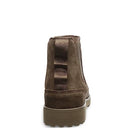 The BEARPAW Nick Boots - Mens, shown from the back in brown suede, feature a striped fabric pull tab and a lightweight, rugged rubber sole, set against a plain white background.