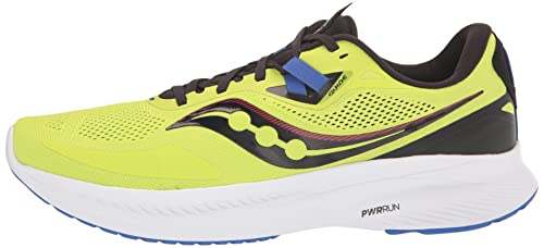 The Saucony Omni 20 Running Shoe for men features a bright yellow mesh upper with black and blue accents, a white PWRRUN cushioning sole, and is shown in side profile view.