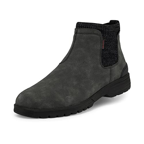 The Hey Dude Scott Grip Boots - Mens are weather-ready Chelsea boots in dark gray with black elastic side panels, subtle stitching, a textured ultra-grip outsole, water-resistant leather, and a rugged rounded-toe design.
