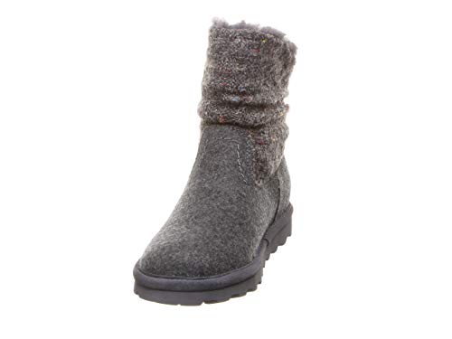 The BEARPAW Virginia Boots - Womens is a single gray sheepskin boot with a textured fold-over cuff and rugged sole, featuring NeverWet technology, shown on a plain white background.