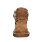 Front view of BEARPAW Konnie Boots - Womens in brown suede, featuring a rounded toe, flat sole, and faux fur accents near the ankle—stylish womens boots shown against a plain white background.