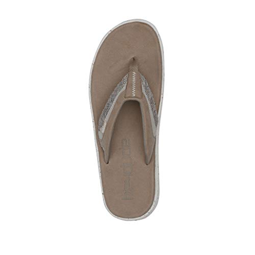 The Hey Dude Flinn Sandals – Mens feature a brown fabric thong strap with visible stitching, shown from above on a white background—ideal for anyone seeking comfortable footwear.