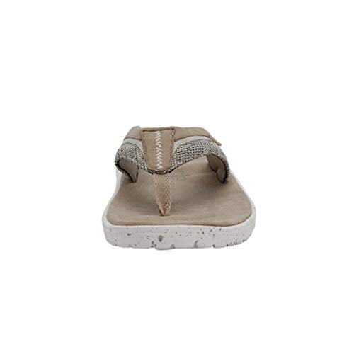 Front view of the Hey Dude Flinn Sandals - Mens, featuring a tan and beige flip-flop design with a white speckled sole, fabric strap, and visible stitching—lightweight for all-day comfort.