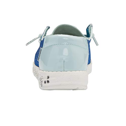 Rear view of the Hey Dude Wendy Youth - Girls sneaker shows a casual blue and light blue design with white laces, a textured white sole, and small black star accents—perfect for lightweight girls’ shoe collections.